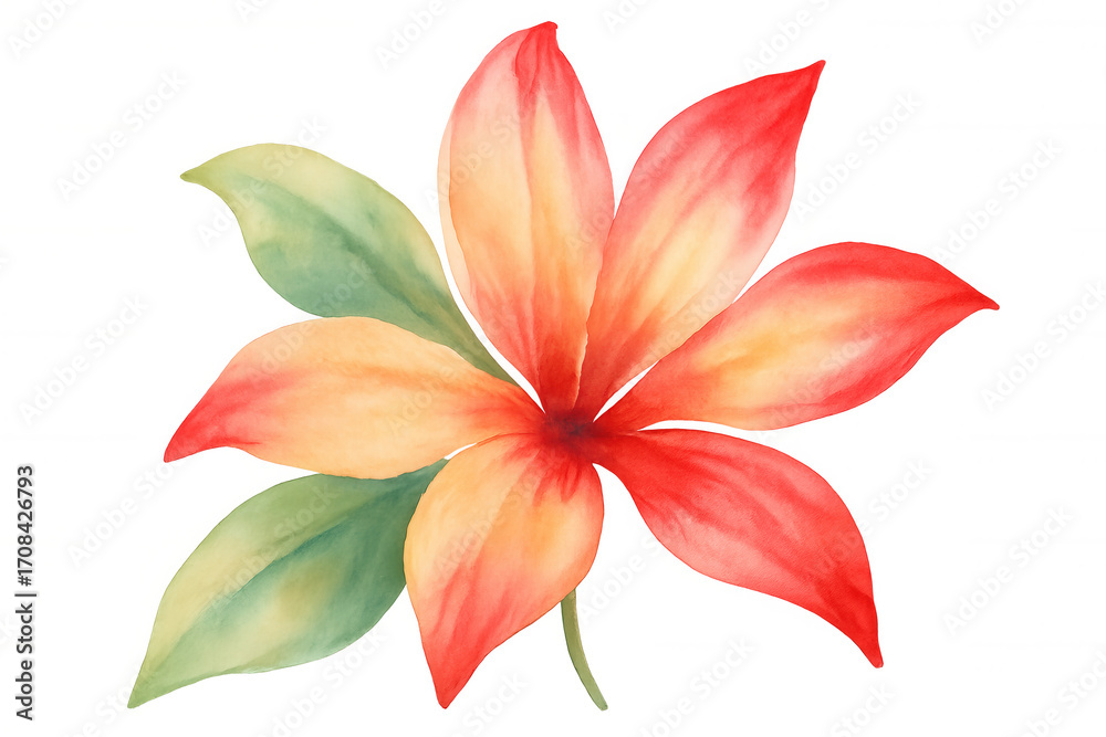 Naklejka premium Watercolor painting revealing vivid red-orange flower, delicate petals, verdant leaves against transparent background
