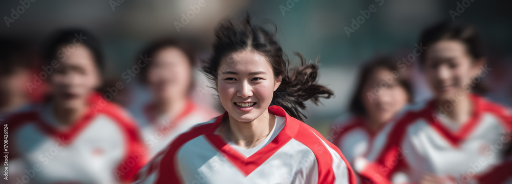 Fototapeta premium Smiling Japanese schoolgirls enjoy an after school soccer game, promoting active living and meaningful friendships through play.