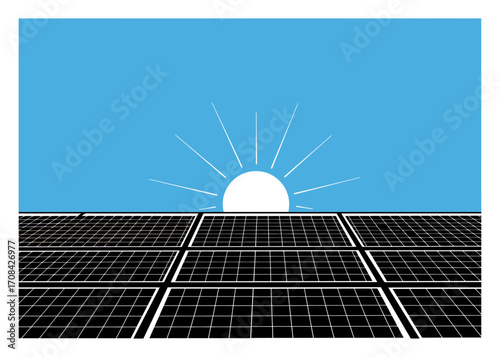 Minimalist Solar Panels Vector Design. Bright Sun, Blue Sky. Clean Renewable Energy Concept.