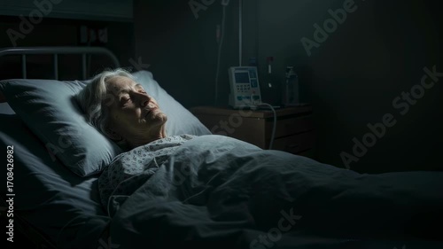 Caucasian elderly woman lying awake in hospital bed with infusion in dark room. Medical care concept.