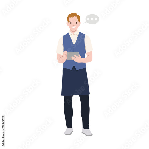 Smiling male waiter in uniform holding a tablet for taking orders. Flat vector illustration isolated on white background