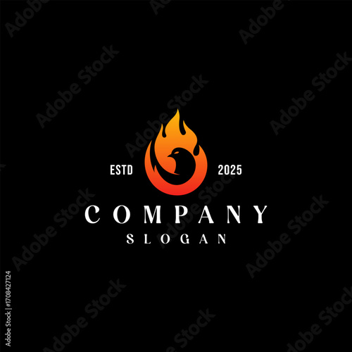 Phoenix bird rising wings with fire flames and burning feathers. Vector silhouette of flying fenix or phoenix.