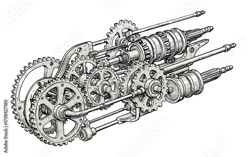 Minimalist Steampunk Gears Vector Art. Vintage Cogs & Mechanical Assembly. Clean Lines, White Background.