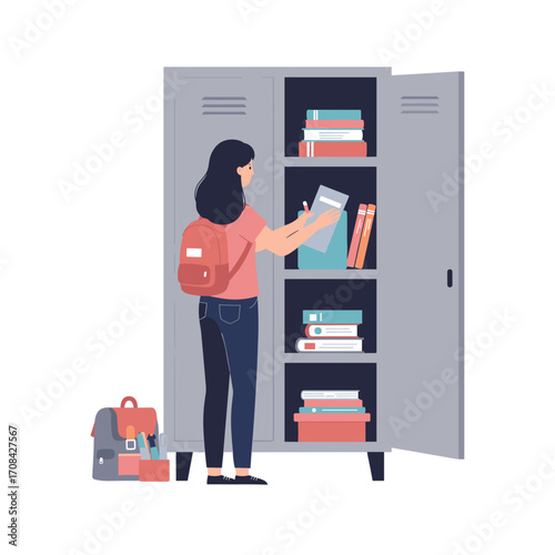 Student organizing books in a locker school environment digital illustration casual setting engaging concept. Vector illustration