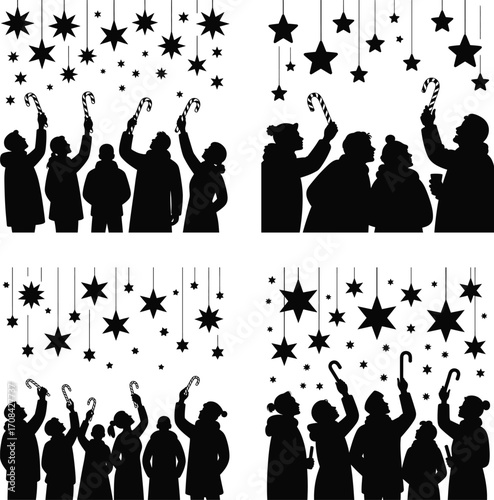 People silhouettes looking up at hanging stars and candy canes festive holiday scene