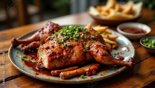 Peking Roast Duck is a traditional Chinese dish made with tender duck meat and crispy skin, roasted to perfection and served with hoisin sauce, scallions, and thin pancakes for wrapping.