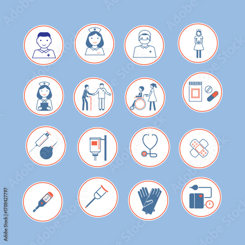 Healthcare icon set with doctors, nurses, medical tools, pills, syringe, stethoscope, thermometer, gloves, crutches, and blood pressure monitor on blue background