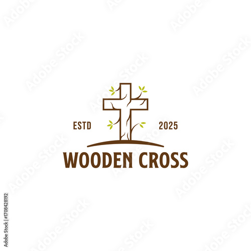 Wooden Christian Cross Icon Illustration with Wood Grain Texture on Isolated 