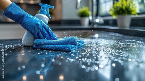 Cleaning kitchen countertop with blue gloves and cloth.  Water droplets and plants in background.  Home cleaning concept