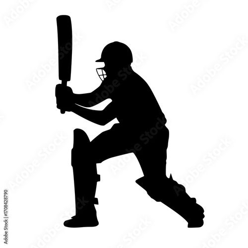 Dynamic cricket batsman silhouette poised to strike the ball powerfully with protective gear
