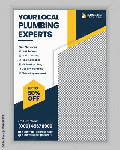 Modern Plumbing Services Flyer Poster Template for Bathroom Remodeling Pipe Replacement Faucet Repair and Residential House Maintenance
