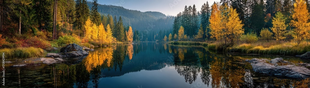 Obraz premium A forest lake mirrors golden trees, dawns light perfects the tranquil autumn skyline