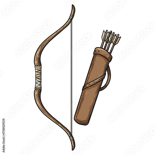 Archery equipment set outdoors illustration natural setting side view sports and recreation. Vector illustration