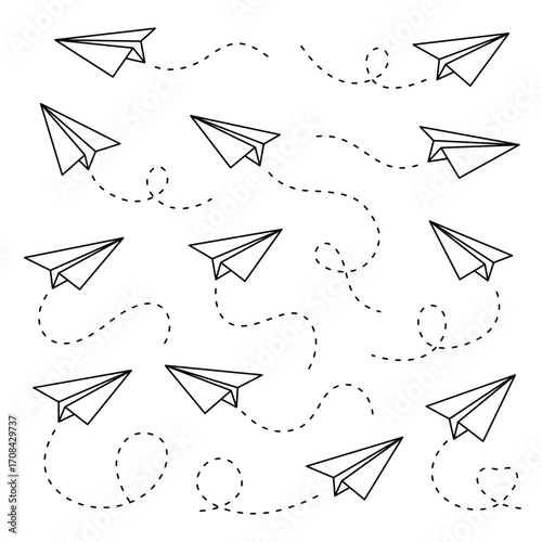 Minimalist paper airplanes with dashed flight paths. Linear black and white doodle set in dynamic motion, symbolizing freedom and travel