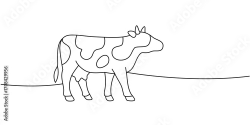 Minimal line art cow walking on hill. Continuous single-line vector with farm and dairy theme for clean modern visuals