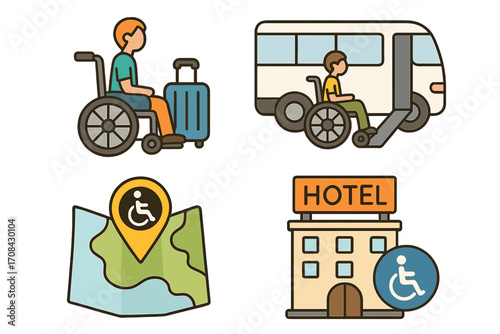 Accessible travel icon set for people with disabilities. Man in wheelchair with luggage, accessible hotel, special transport bus with ramp, and map location pin. Inclusive tourism concept.