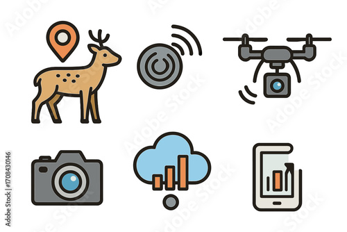 Wildlife tracking technology icon set. Vector cartoon icons for conservation and research. Includes GPS, RFID, drone, camera trap, data cloud, and monitoring app concepts.