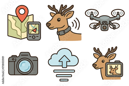 Animal tracking technology icon set. Wildlife conservation research with a GPS collar, drone surveillance, camera trap, and cloud data. Vector icons for ecology study.