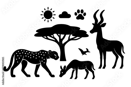 African wildlife silhouettes set. Safari animals vector icon collection. Cheetah, antelope, acacia tree, sun, bird, and paw print. Isolated black cartoon illustrations.