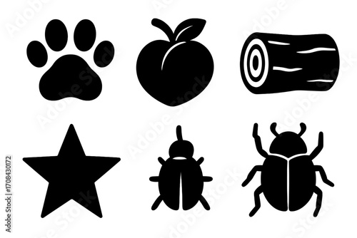 Animal and nature silhouette icons set. Vector collection with paw print, peach fruit, tree log, star shape, and beetle insects. Isolated black cartoon graphic elements.