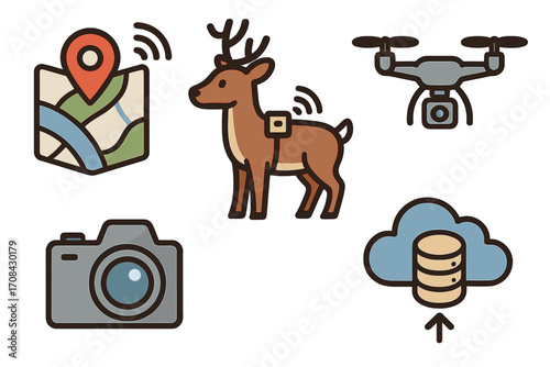 Animal tracking technology icon set for wildlife conservation and research. Includes GPS map, deer with tag, surveillance drone, camera, and cloud data server for monitoring.