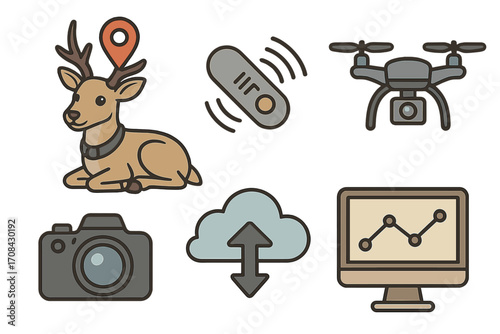 Wildlife research & conservation icon set. Animal tracking technology with GPS collar, RFID tag, drone, camera, data cloud & telemetry analysis. Vector cartoon illustration.