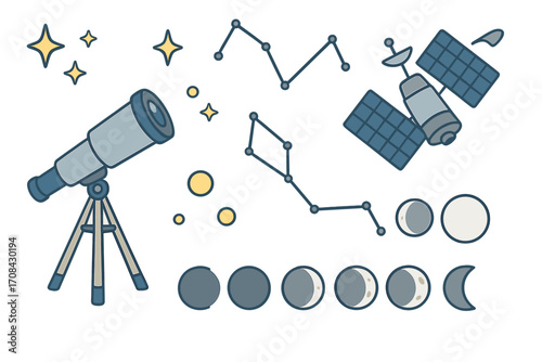 Space and astronomy doodle icon set. Vector cartoon illustration of telescope, satellite, moon phases, stars, and constellations. Science and astrology research concept design.