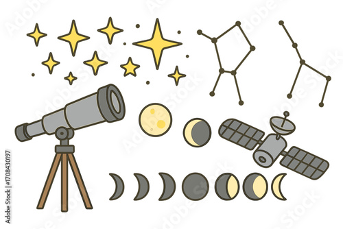 Astronomy and space exploration icon set. Vector cartoon collection of telescope, stars, constellations, moon phases, and satellite. Science and astrology symbols. Celestial objects.