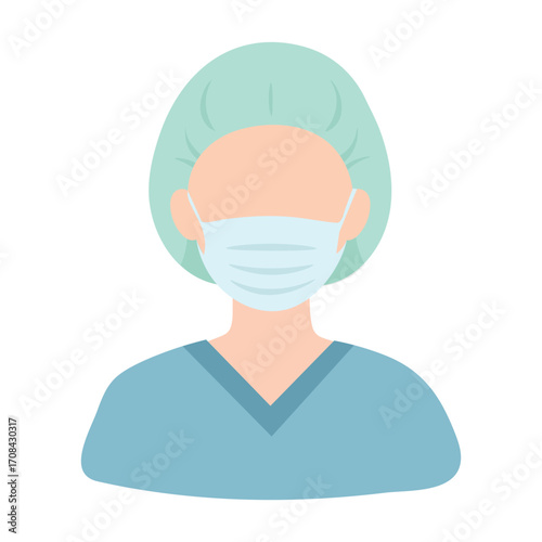 Medical Staff Illustration – Masked Healthcare Worker in Scrubs and Surgical Cap for Safety Awareness