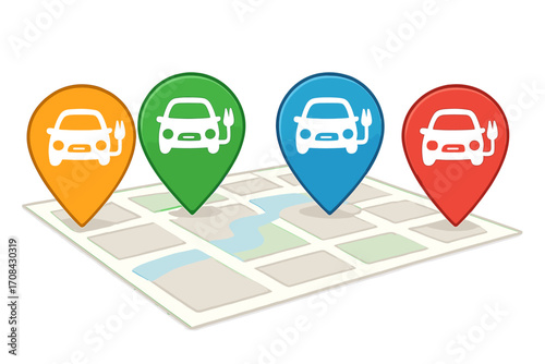 Electric vehicle charging station location pins on a city map. EV charge point navigation concept. Green energy, eco friendly transport and sustainable mobility vector icon set.