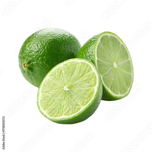 Close up of juicy limes, one cut in half, showcasing vibrant green color and texture.