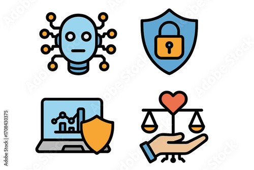 Artificial intelligence, data security, and ethics icon set. Vector concepts for machine learning, cybersecurity, data protection, privacy, and responsible technology use.