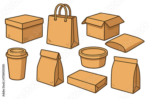 Eco-friendly packaging collection. Set of recyclable kraft paper bags, cardboard boxes, cup, and containers for food delivery or shipping. Sustainable materials vector illustration.
