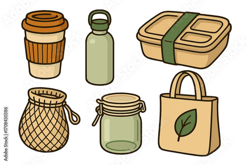Eco friendly reusable containers collection. Zero waste vector icons of coffee cup, bottle, jar, lunch box, and bags for a sustainable lifestyle. Go green concept.