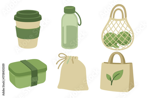 Eco friendly zero waste vector set. Reusable collection with coffee cup, water bottle, lunch box, tote and string bag. Sustainable plastic free lifestyle concept cartoon.