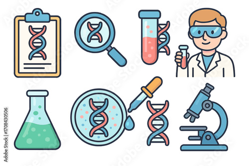 Set of genetic research icons. DNA manipulation, biotechnology, and gene engineering symbols. Science laboratory elements for medical analysis, chemistry, and experiments. Vector.