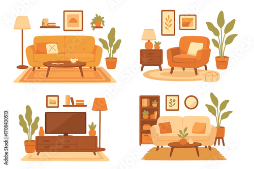 Cozy living room interior design set. Modern furniture illustration collection. Sofa, armchair, table, plant. Home decor concept. Hygge scandinavian mid-century style.