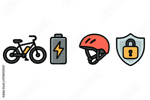 Electric bicycle icon set with e-bike, battery charging station, safety helmet, and security lock shield. Vector cartoon illustration for eco-friendly transport concepts.