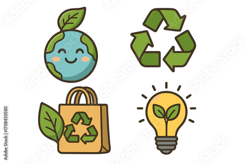 Eco friendly icon set. Sustainability and recycling concept. Green energy and ecology symbols. Cute earth planet character. Reusable shopping bag. Zero waste lifestyle idea.