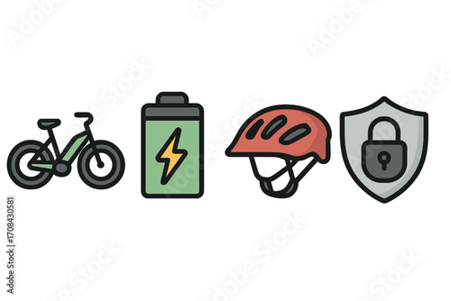 Electric bicycle e-bike icon set. Vector cartoon illustration. Ebike mobility concept with battery charge, safety helmet and security lock protection symbol. Eco friendly transport.