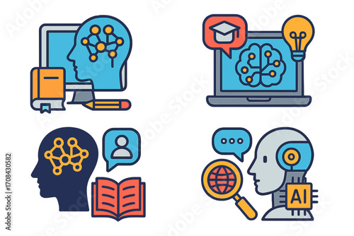 AI in education and communication icon set. Artificial intelligence, machine learning, e-learning concepts. Robot, brain, neural network, and online course vector icons.