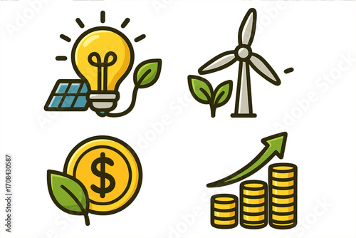 Green energy investment concept. Eco friendly business. Icons set with solar panel, wind turbine, money coin and growth graph. Renewable power, sustainability and finance.