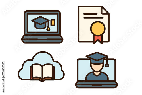 Online learning and e-learning icon set. Educational symbols for distance education, online courses, and certification. Cloud-based knowledge for modern students. Vector.