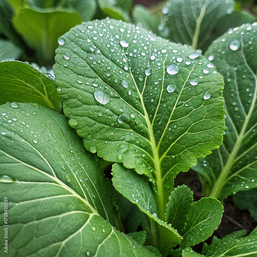  Fresh Raindrops on Green Bok Choy Leaves in a Garden