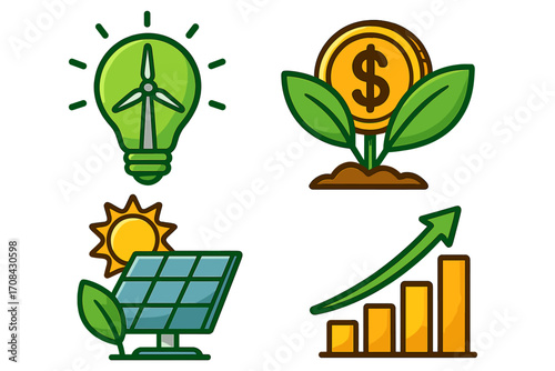 Green energy investment icon set. Sustainable finance with wind turbine, solar panel, money growth plant and chart. Renewable power & eco friendly business vector pack.