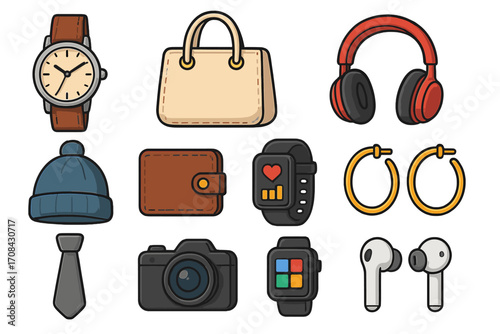 Fashion accessories and wearable technology icon set. Modern vector cartoon collection of diverse everyday items. Watch, handbag, headphones, beanie, wallet, smartwatch, tie.