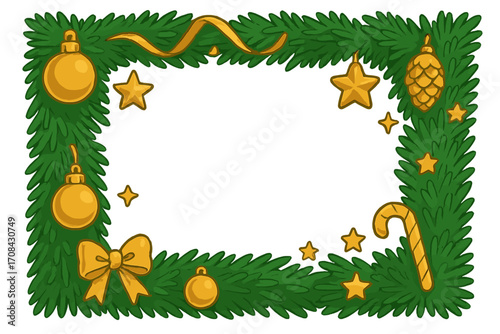 Festive Christmas pine frame with golden ornaments for holiday greetings. Winter celebration vector border with bow, stars, and candy cane. Cartoon illustration with copy space.
