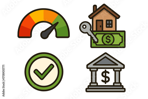 Financial icons set for banking and real estate. Includes credit score meter, mortgage and home loan symbol, pre-approved stamp, and bank icon. Vector for property investment.