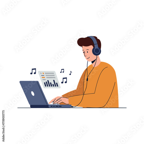 Listening to music while working on a laptop home office digital illustration calm environment view focused concept. Vector illustration
