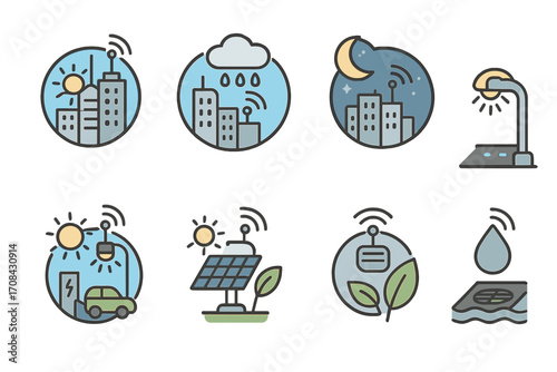 Smart city icon set. Urban technology and sustainable infrastructure icons. Renewable energy, solar panel, electric car charging, environmental sensor, weather & IoT concept.